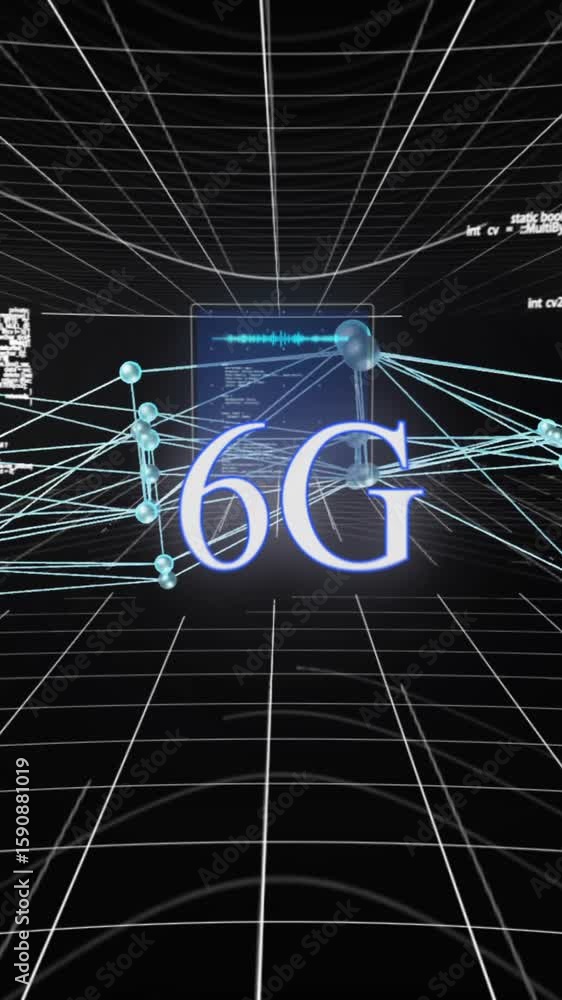 Poster animation of 6g text, digital data processing over connections on black background