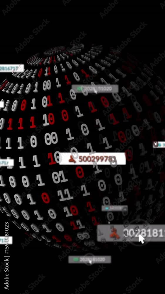Poster animation of social media icons with numbers over globe with data processing on black background