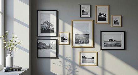 Contemporary gallery wall featuring assorted framed photographs of different sizes on gray textured wall, creating balanced asymmetry under diffused natural light