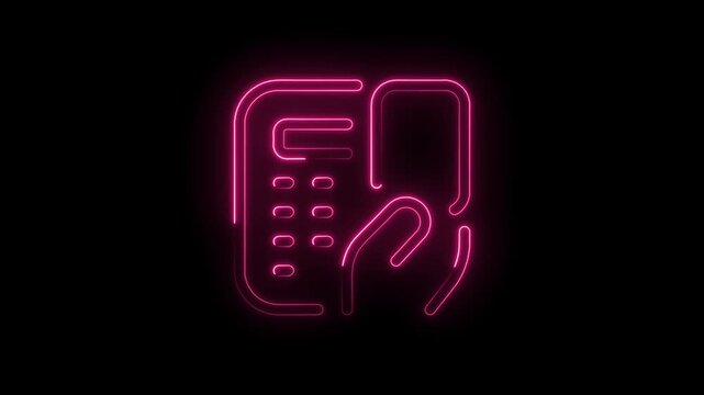 Glowing neon pink payment terminal icon with hand inserting card on black background futuristic digital