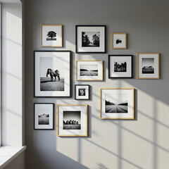 Stylish modern interior with mixed-size photo frames hanging on neutral gray wall, capturing subtle lighting and textures for home decor and design inspiration