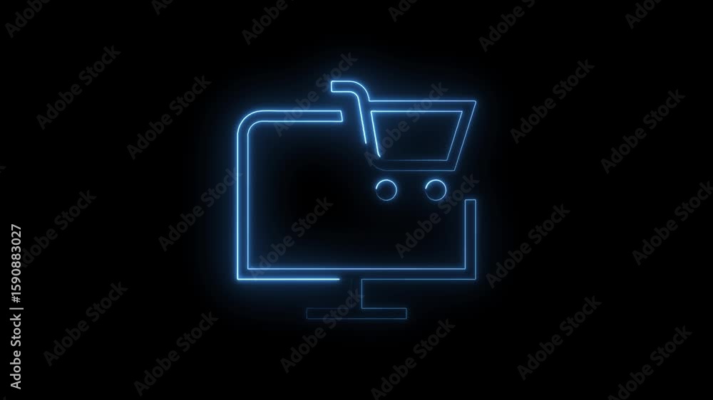 Poster glowing blue neon shopping cart icon on computer screen symbol isolated on black background represen