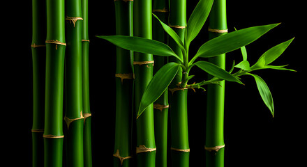 Minimalist botanical photography featuring detailed bamboo stalks and lush leaves on deep black backdrop, creating striking contrast and refined natural beauty in high resolution