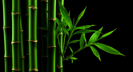 Naklejka premium Ultra-realistic close-up of vibrant green bamboo stalks and leaves against pure black background with soft directional lighting, highlighting natural textures and elegant simplicity