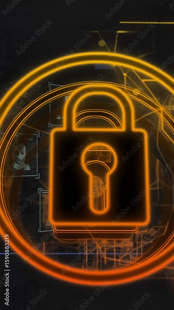 Poster lock icon and digital connections, data security animation over abstract background