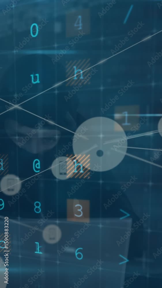 Poster animation of digital interface and network of connections over hacker