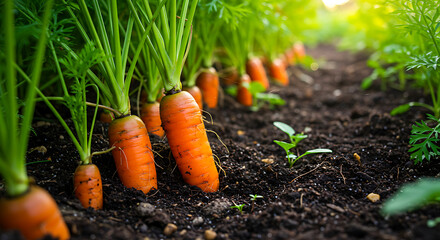 Photorealistic image showing vibrant carrots with leafy tops growing naturally in vegetable garden soil, emphasizing natural textures and freshness in high resolution