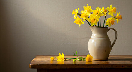 Elegant still life composition of yellow spring flowers arranged in a ceramic jug on a rustic wooden table with soft natural lighting and a timeless vintage background