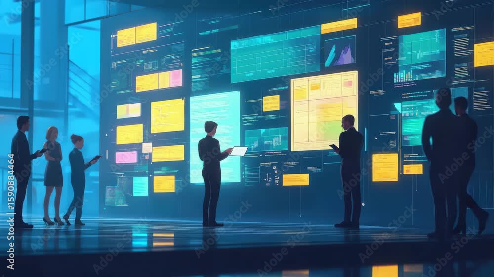 Poster futuristic business analysis of data science with modern interface and silhouettes of diverse