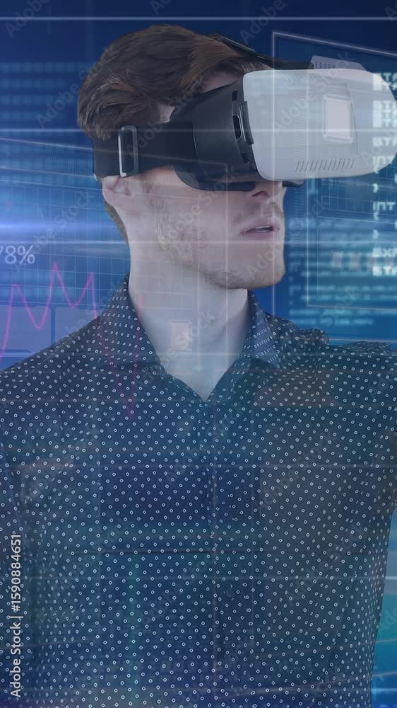 Poster animation of caucasian businessman in vr headset using touchscreen with diverse data