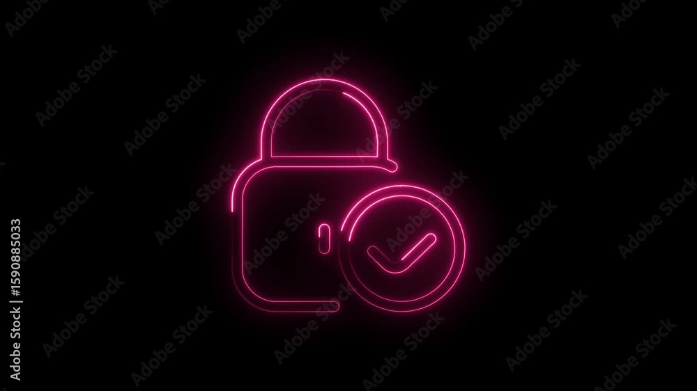 Poster glowing neon pink lock icon with checkmark symbol animated on transparent black background for secur