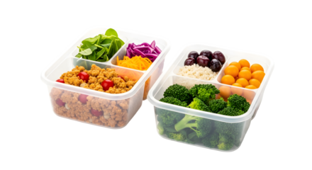 Two meal prep containers filled with healthy food including grains vegetables and fruit.