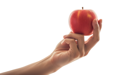 Hand holding a vibrant red apple with subtle yellow stripes and a brown stem.