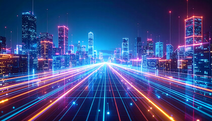 Fototapeta premium Futuristic City Nightscape with Glowing Neon Lights and Highway