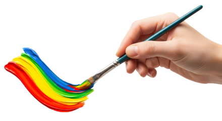 Hand holding paintbrush creating a vibrant rainbow paint stroke with layered colors.