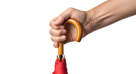 Hand gripping a polished wooden umbrella handle above a vibrant red canopy.