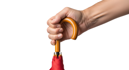 Hand gripping a polished wooden umbrella handle above a vibrant red canopy.