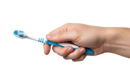 Hand holding a blue and white toothbrush with soft bristles.