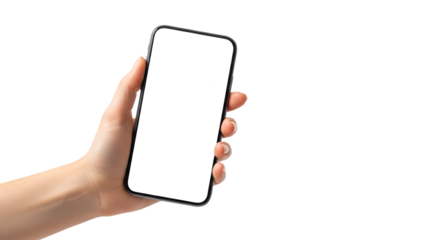 Hand holding a modern smartphone with a blank white screen at an angle 1.