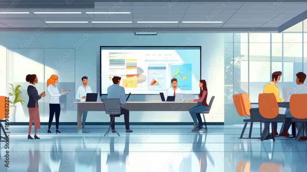 Poster animated corporate presentation with diverse team collaborating in a modern office setting