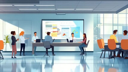 Animated corporate presentation with diverse team collaborating in a modern office setting - Powered by Adobe