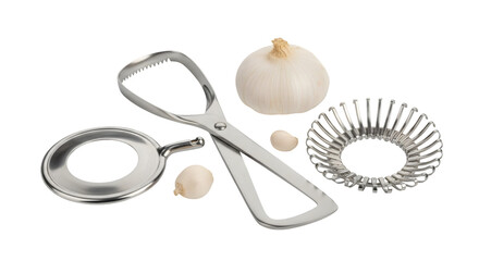 Garlic press set with bulb clove peeler and slicer on a dark surface.