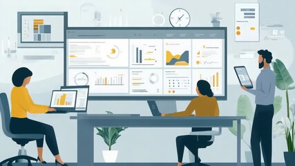 Diverse Team Analyzing Business Data with Charts and Graphs on Multiple Screens for Progress in - Powered by Adobe