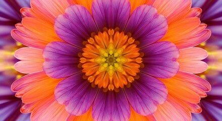 Abstract kaleidoscopic flower pattern featuring vibrant orange, purple, and yellow hues creating a
