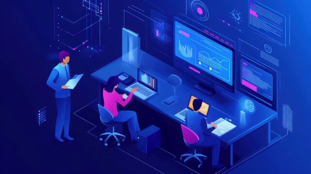 Isometric view of data center team analyzing server performance with digital dashboard and network - Powered by Adobe