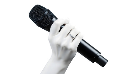 Glossy Black Microphone Held by a Pale Hand Adorned with a Silver Ring.