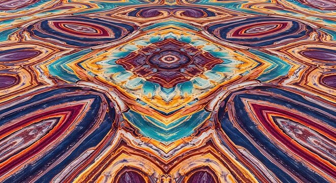 Abstract kaleidoscopic pattern with vibrant colors and symmetrical shapes creating optical effect