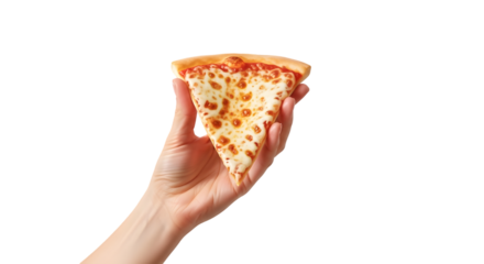 Hand holding a triangular slice of classic cheese pizza with melted mozzarella.