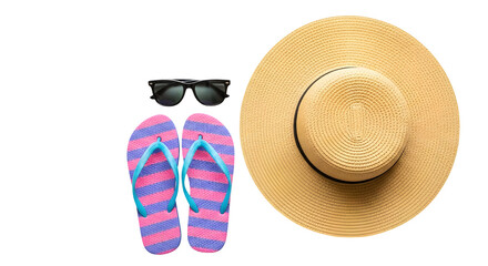 Summer essentials Straw hat sunglasses and striped flipflops arranged for a beach vacation.