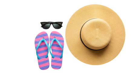 Summer essentials Straw hat sunglasses and striped flipflops arranged for a beach vacation.