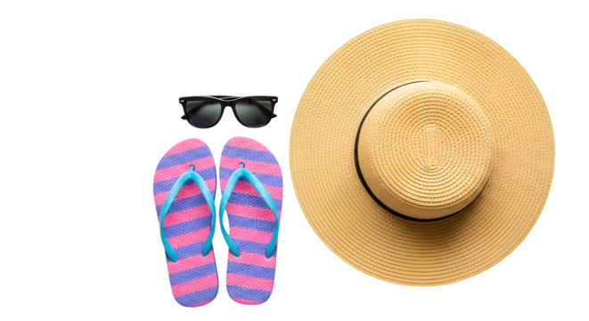 Summer essentials Straw hat sunglasses and striped flipflops arranged for a beach vacation.