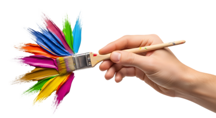 Hand holding paintbrush loaded with vibrant multicolored paint streaks.