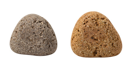 Two porous river stones one gray and one tan side by side.