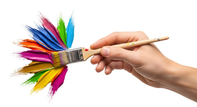 Hand holding paintbrush loaded with vibrant multicolored paint streaks.