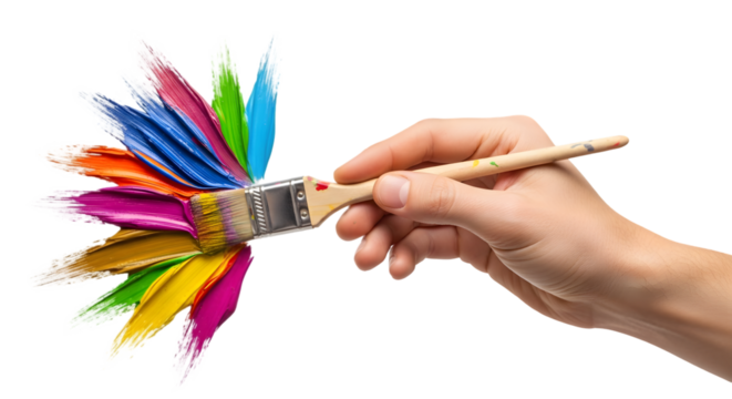 Hand holding paintbrush loaded with vibrant multicolored paint streaks.