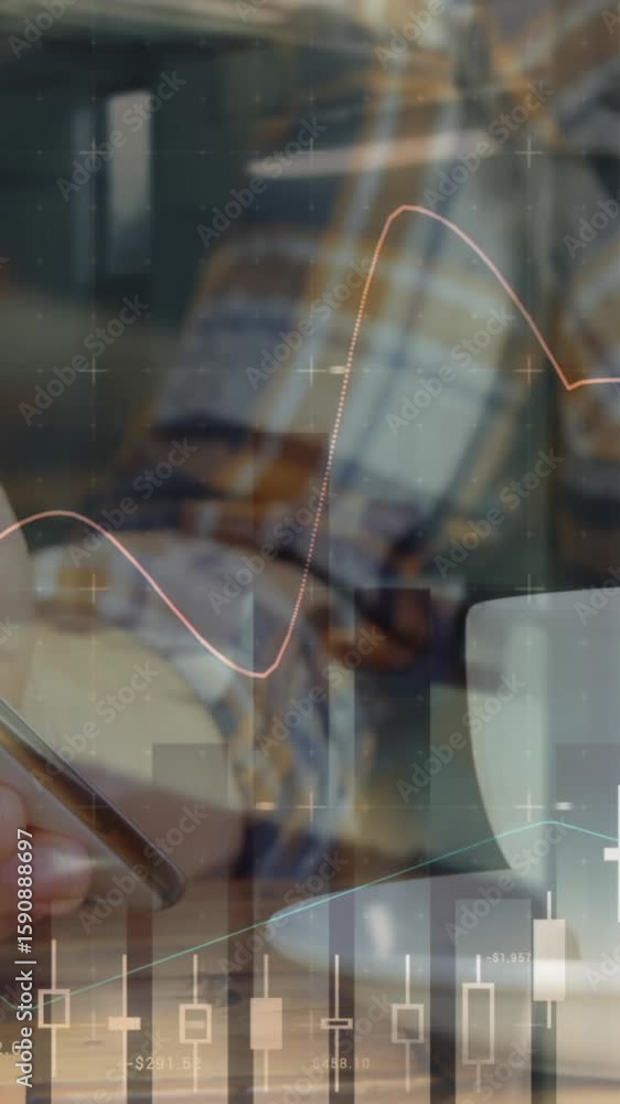 Poster animation of statistics and data processing over man using smartphone