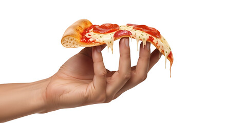 Hand holding a dripping pepperoni pizza slice with melted cheese and herbs.
