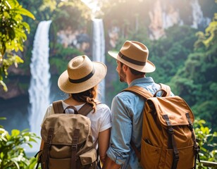 Obraz premium Senior couple in cowboy hats hiking in the mountains, looking at natureSenior couple in cowboy hats hiking in the mountains, looking at nature
