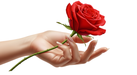 Elegant hand offering a vibrant red rose with delicate water droplets.