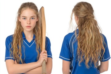 Cricket player in blue and yellow uniform with gloves and bat shown from front, side, and back for sportswear and equipment visuals isolated on white background