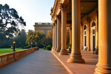 Obraz premium Elegant colonnade extending through a landscaped garden.
