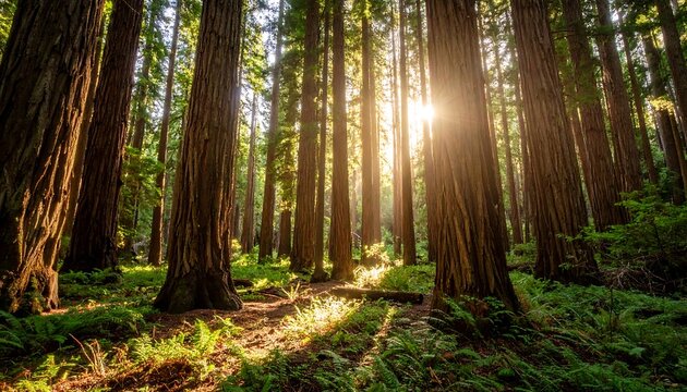 Redwood forest bathed in sunlight