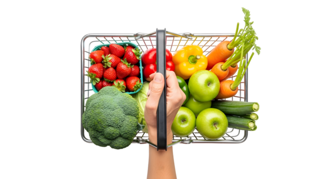 Fresh Produce in a Wire Basket Held by a Hand TopDown View.