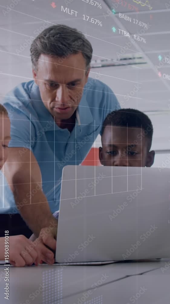 Poster animation of data processing over diverse students using laptops