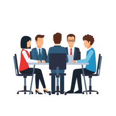 Five stylized people in a business meeting seated around a table.
