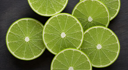 Fresh Lime Slices on Dark Surface, Juicy and Vibrant for Cooking, Drinks, and Refreshing Uses